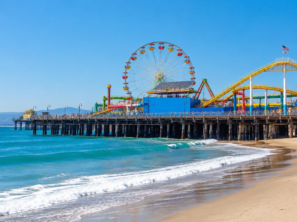 Santa Monica Pier and its Ferris wheel beside the Pacific Ocean