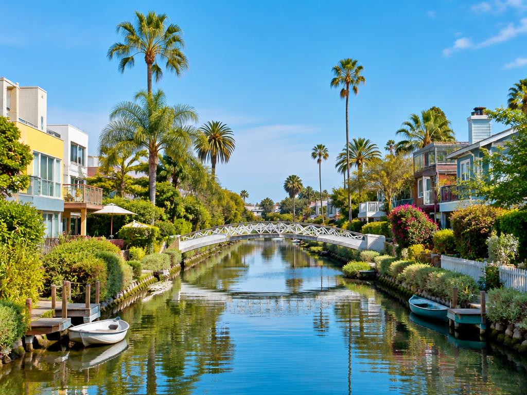 A footbridge and palm-lined homes along the Venice canals
